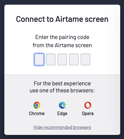 Typing the Airtame ID into the Airtame Browser